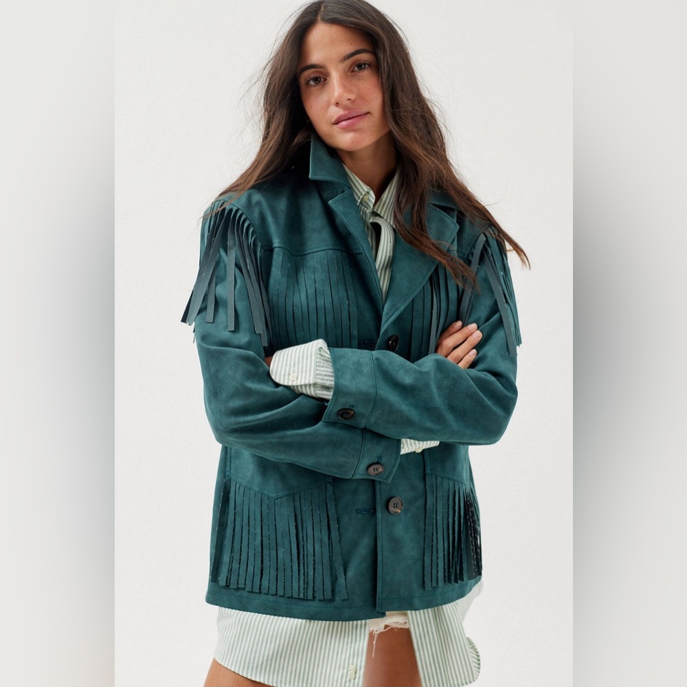 Urban Outfitters Green Faux Suede Fringe Jacket Boho Western Festival Coat Sz L